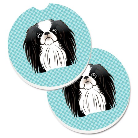 Carolines Treasures Checkerboard Blue Japanese Chin Set of 2 Cup Holder Car Coaster BB1168CARC